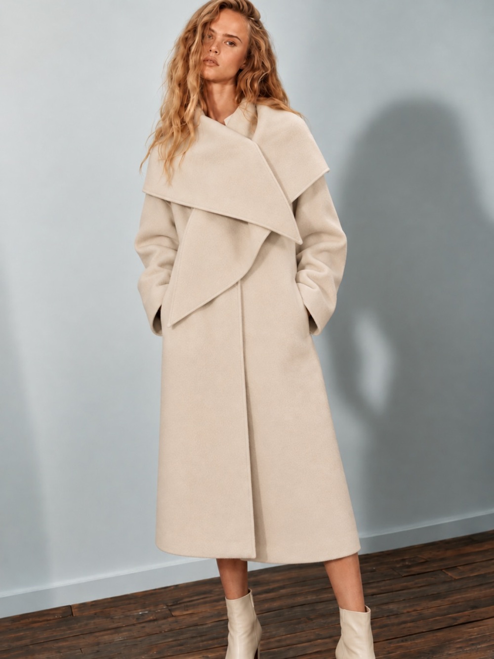 Zara NWT oversized wool blend scarf coat beige XS 8491/262